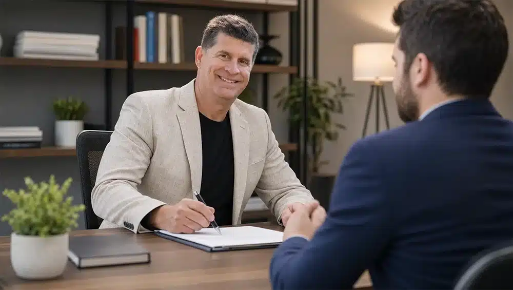 A man in a beige blazer smiles while writing on a notepad during a meeting with another man in a suit at an office desk.