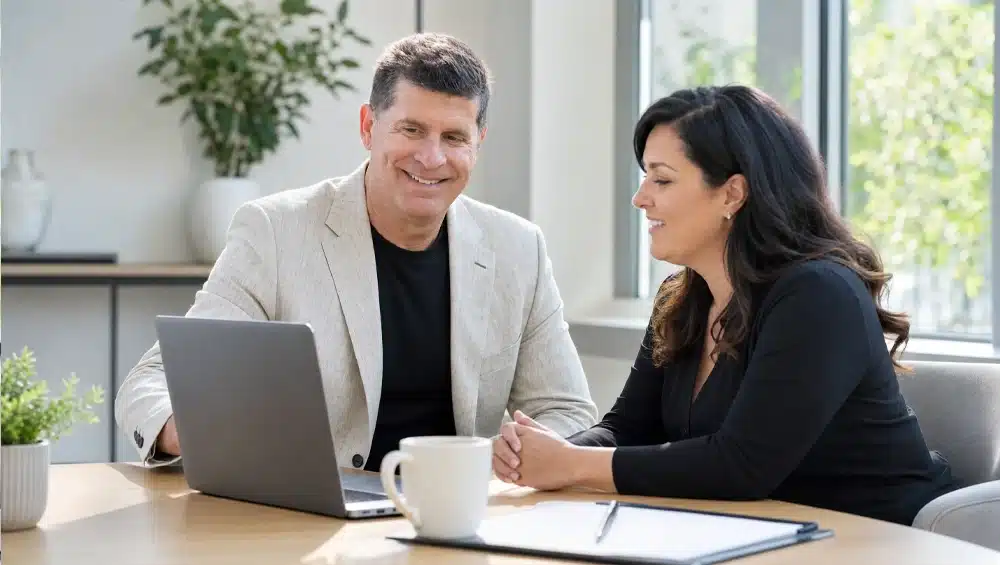 Two people sit at a desk with a laptop, notebook, and mug, having a conversation in a bright office setting.