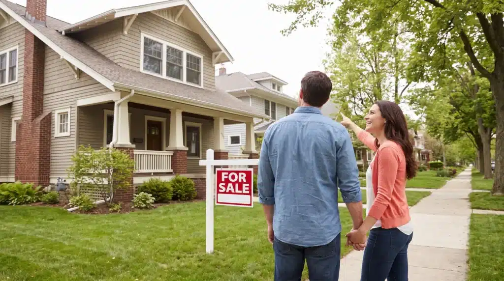 A couple stands in front of a house with a For Sale sign, holding hands and looking at the home on a tree-lined suburban street.