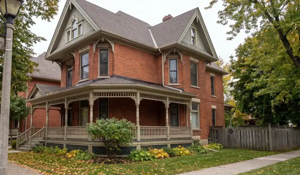 Two-story red brick Victorian house with a wraparound porch, gray roof, and large windows, surrounded by a lawn, trees, and a wooden fence.