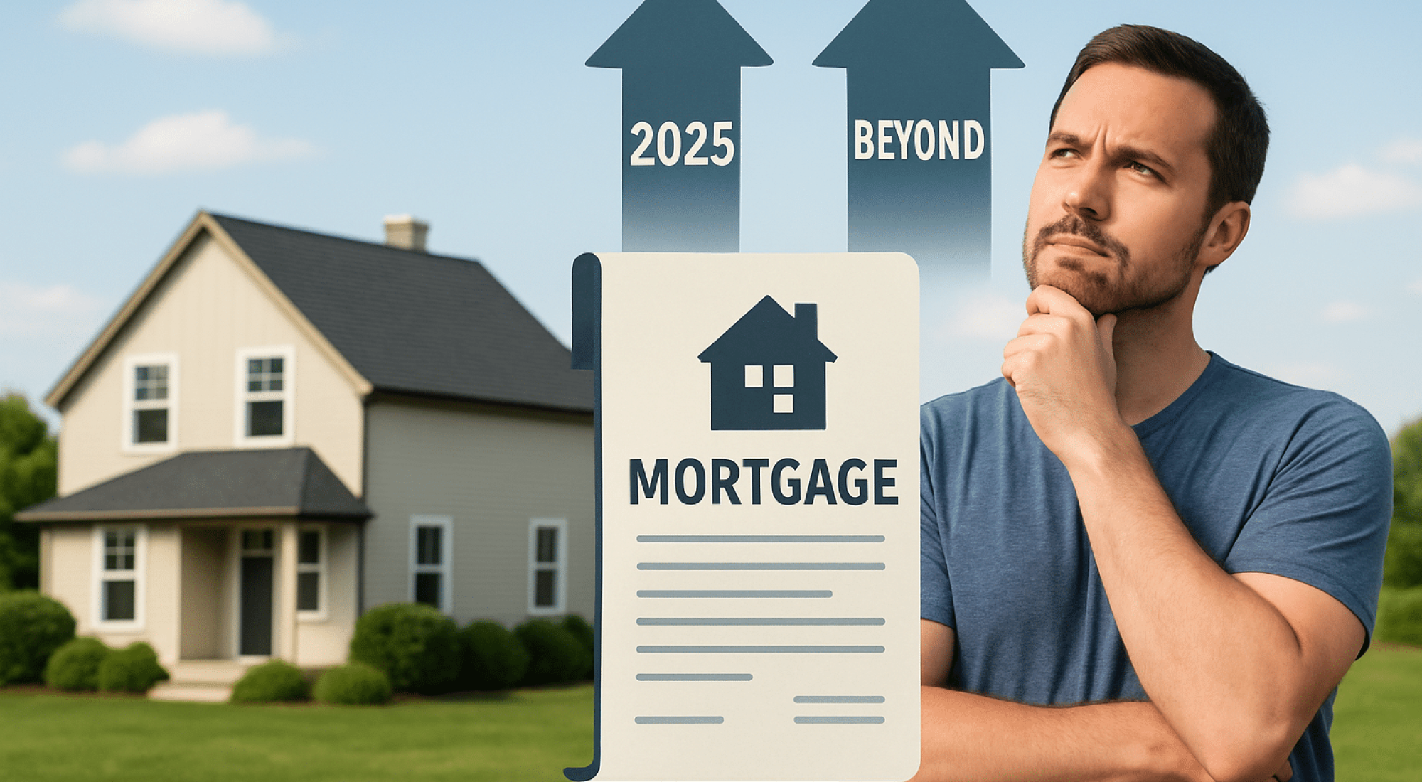 A man stands in front of a house, looking thoughtful, with a graphic showing a mortgage document and arrows labeled 2025 and Beyond pointing upward.