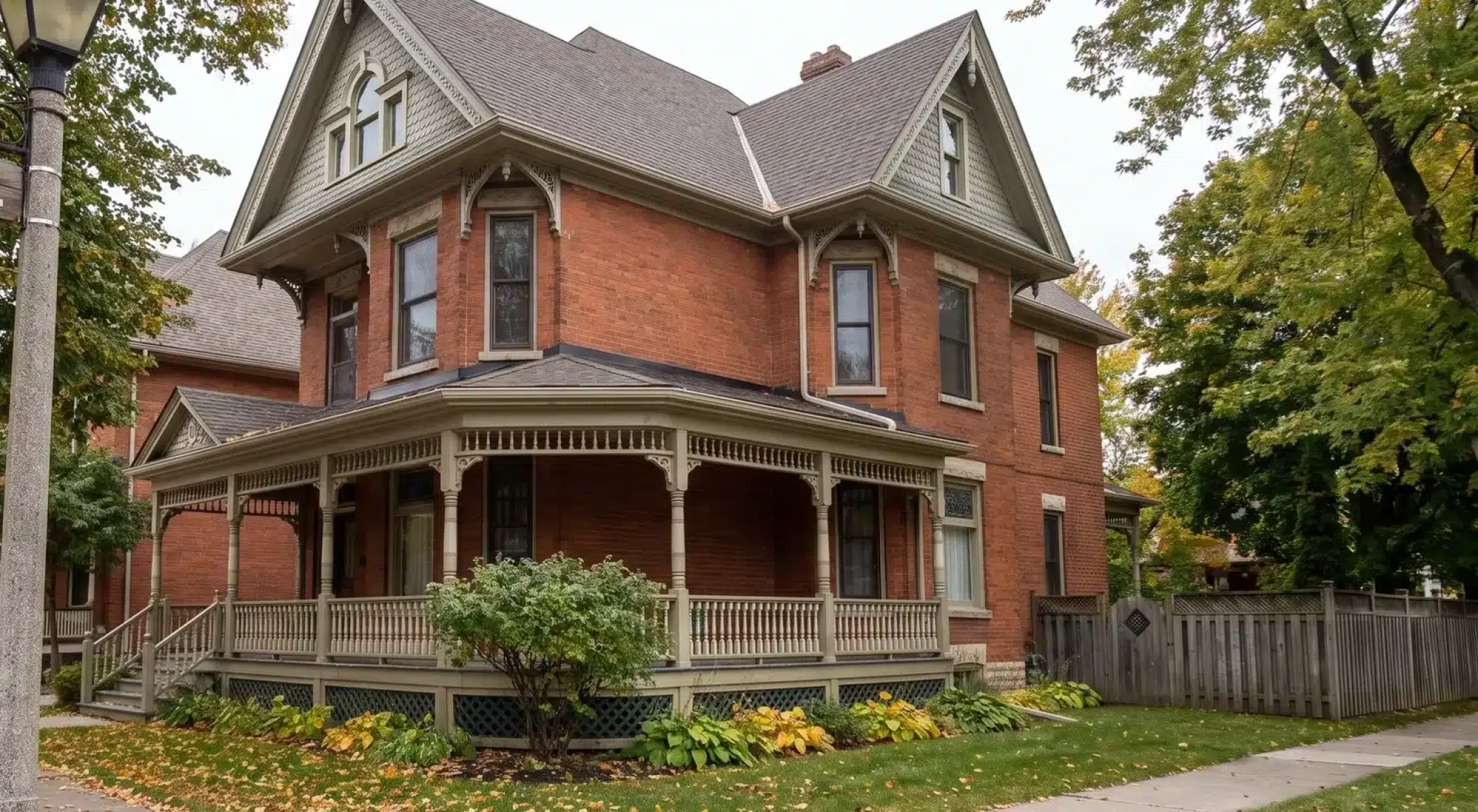 Two-story red brick Victorian house with a wraparound porch, gray roof, and large windows, surrounded by a lawn, trees, and a wooden fence.
